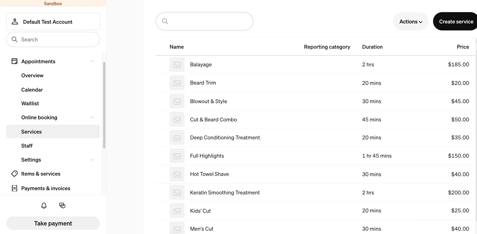 The Square Appointments Services list showing service names, durations and prices
