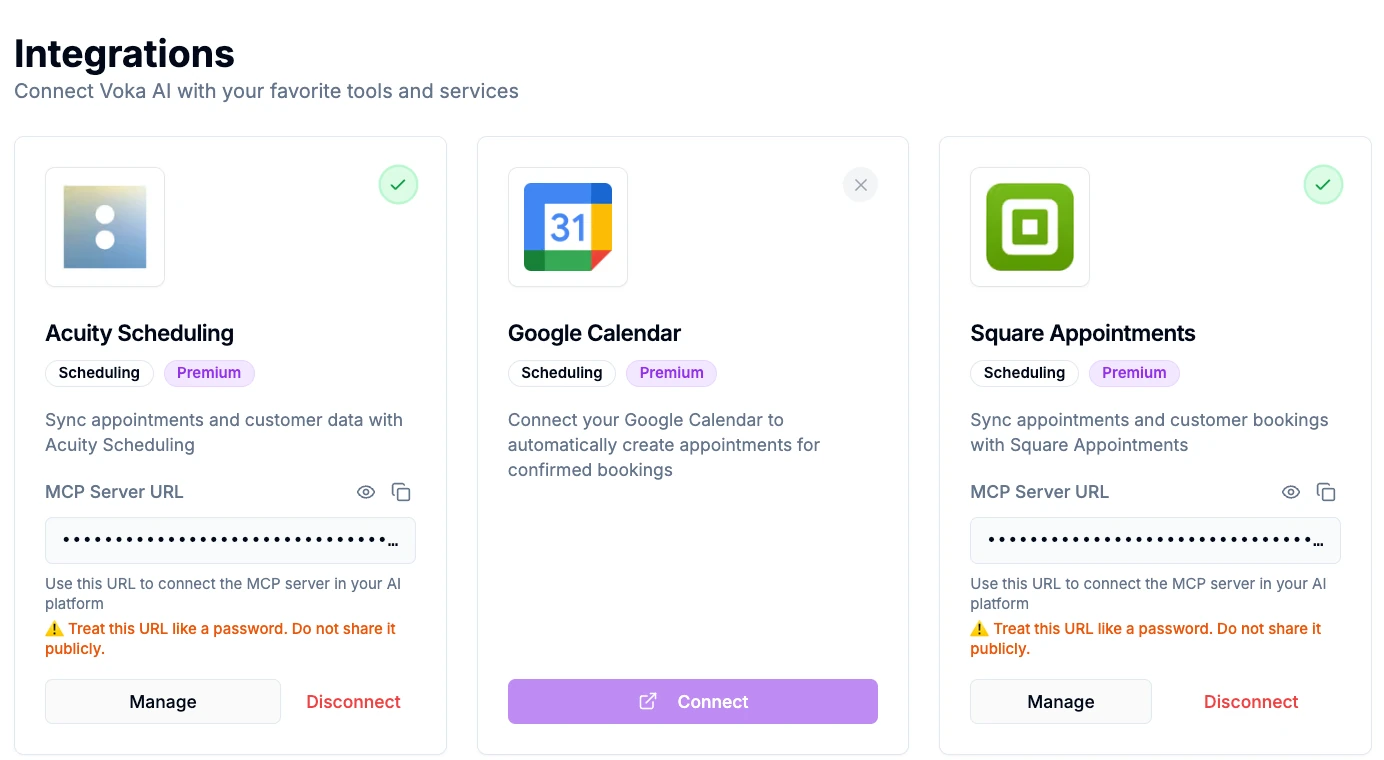 The Voka AI Integrations page showing Square Appointments and Acuity Scheduling connected, with Manage and Disconnect buttons