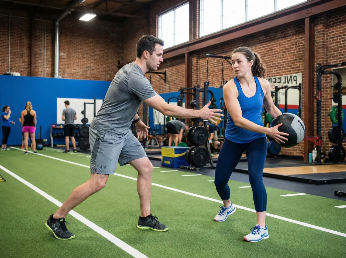 Fitness coach training a client