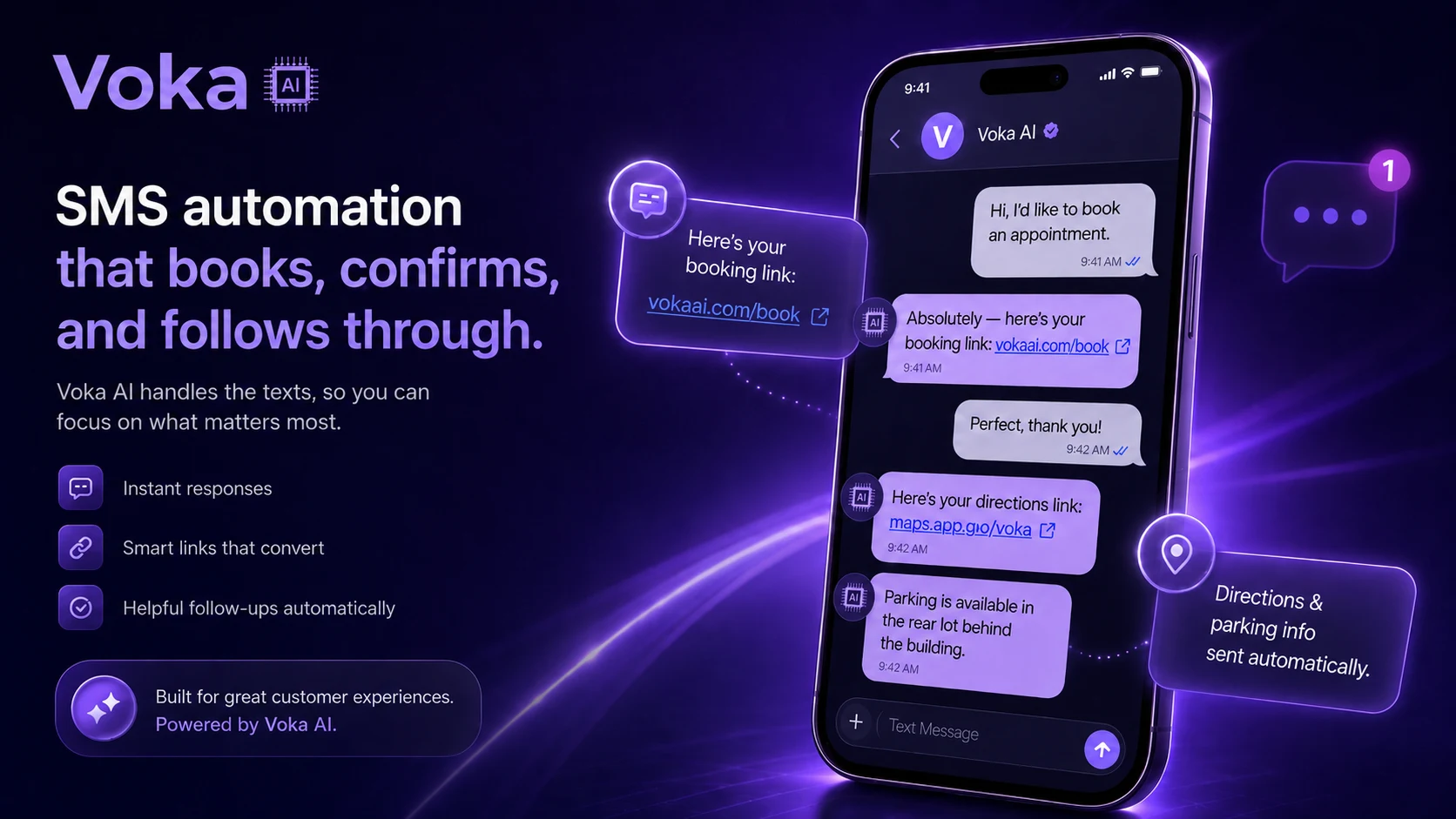 Voka AI SMS automation: phone showing the assistant texting a booking link, parking directions, and arrival info to a client.
