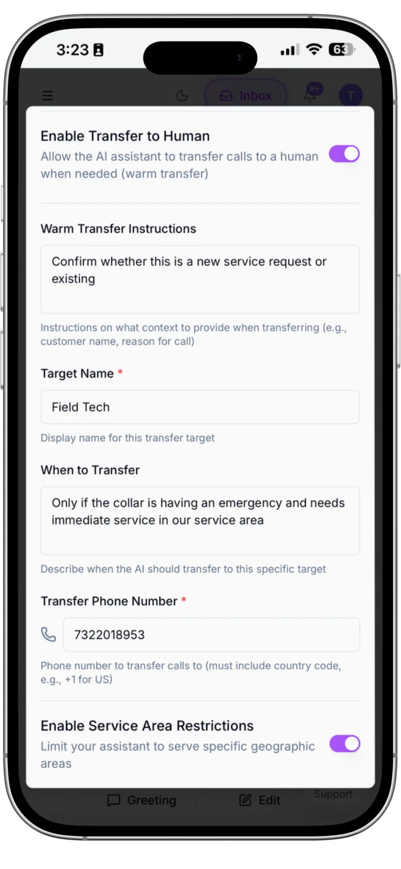 Transfer Setup - Configure warm transfer numbers