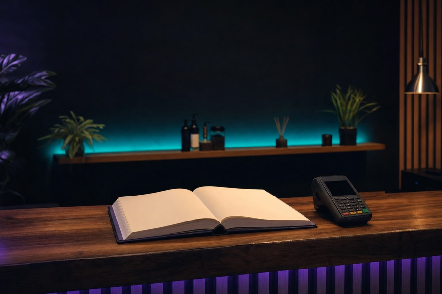 An open appointment book lying on a dark wooden reception counter beside a card terminal, a teal-lit shelf of products behind it.