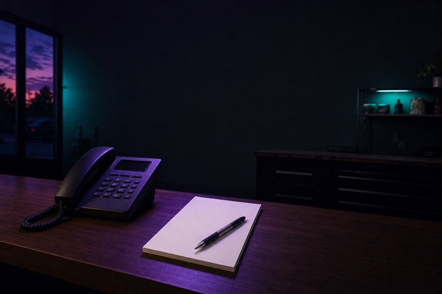 A desk phone and a blank notepad with a pen on a dark reception counter, a violet dusk sky through the window behind.