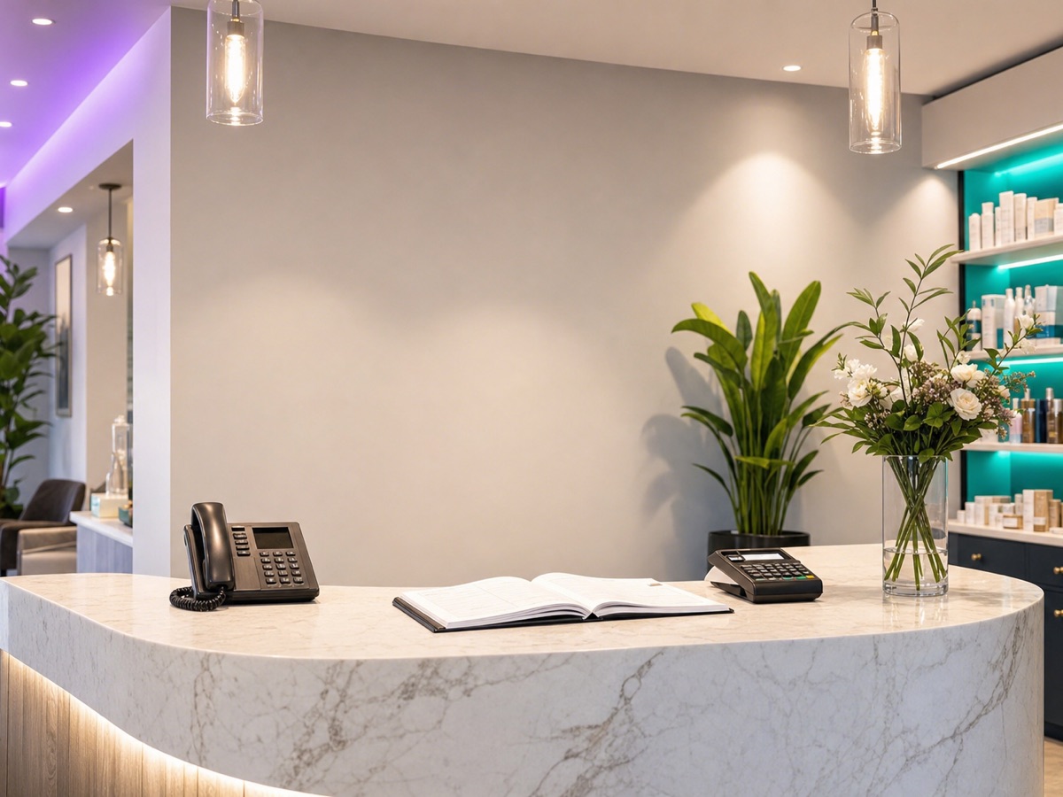 A premium salon and clinic reception counter with a desk phone, an open appointment book and a card terminal, a teal-lit product shelf behind.