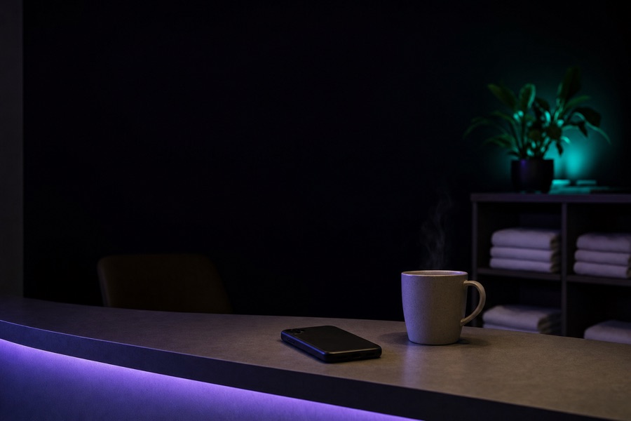 A phone lying face down beside a steaming mug on a dark spa counter, folded towels stacked on shelves behind.